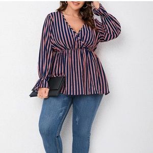 Women's Plus Size Long Sleeve V Neck Loose Floral Front Wrap Peplum Blouse Top